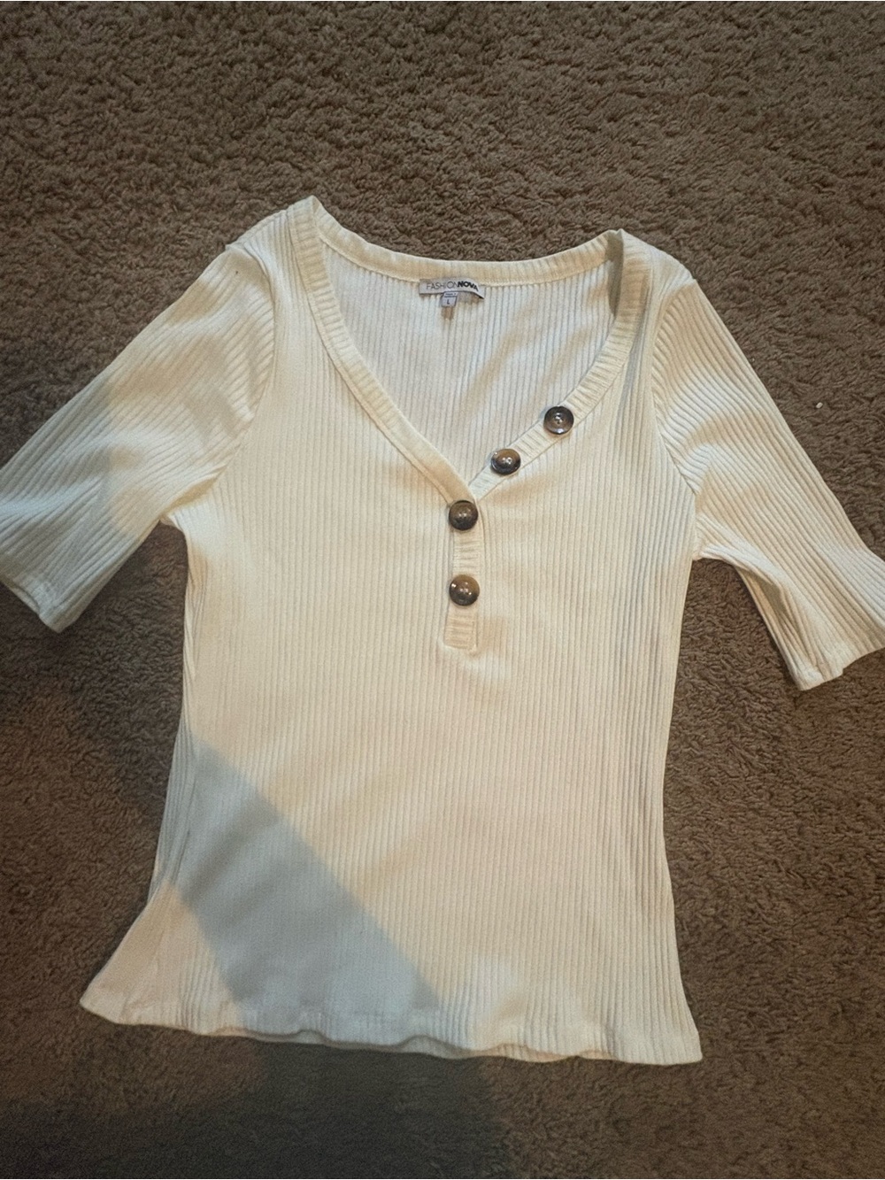 Fashion Nova Cream Ribbed V-Neck Button Henley Top
